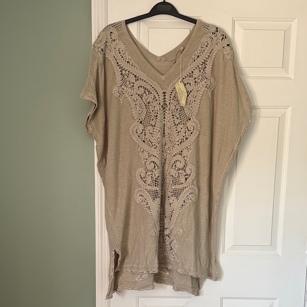 Anthropologie Crochet-Front V-Neck Tunic in Taupe